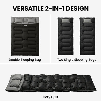 The double sleeping bag shown in three configurations: as a double, two singles, or a cozy quilt