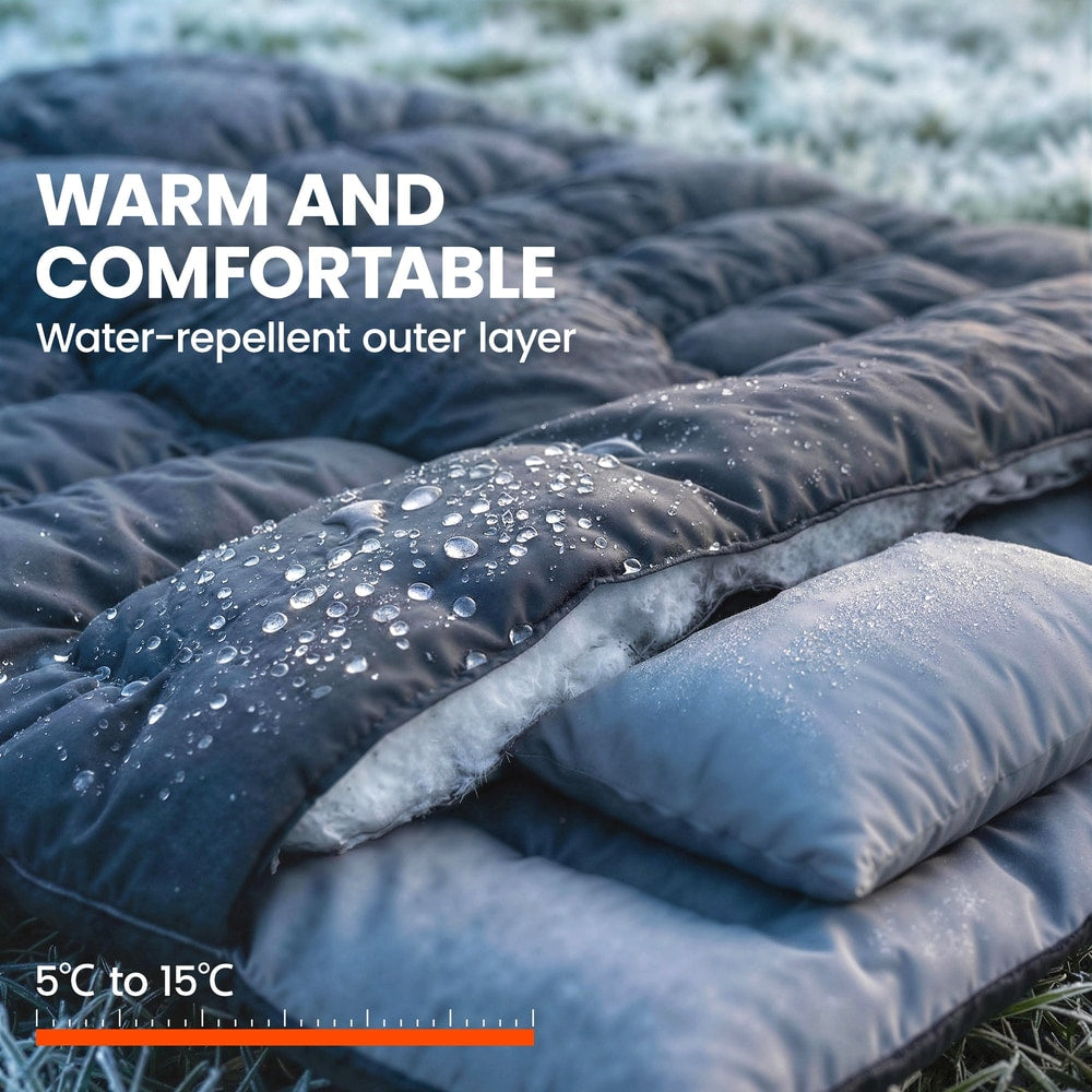 Close up of the double sleeping bag showing its water-repellent outer layer with water droplets