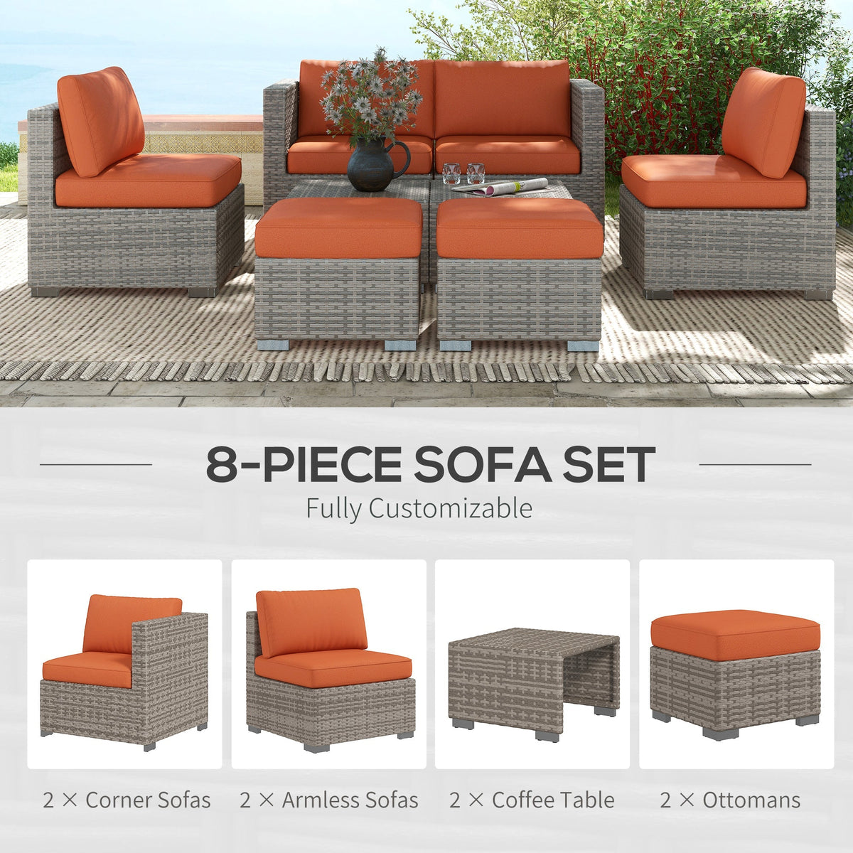 All the components of the eight-piece rattan sofa set laid out