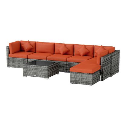 Outsunny Eight-Piece Rattan Sofa Set with orange cushions and grey wicker frames on white background