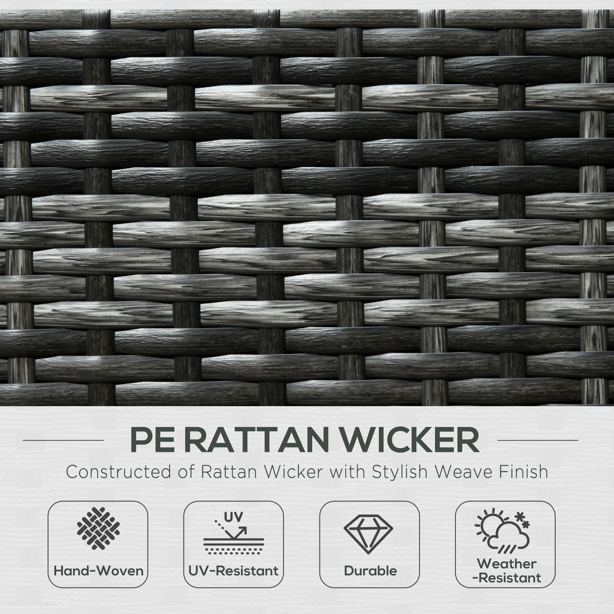 The rattan furniture close-up showing the grey woven texture and material quality icons