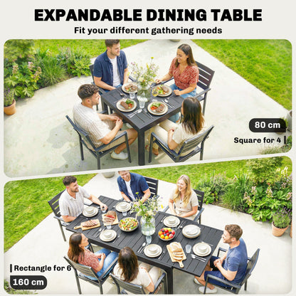 The garden table shown in two configurations for four and six people with diners