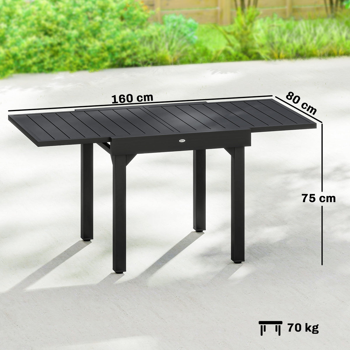 The garden table shown with technical lines and labels indicating its dimensions