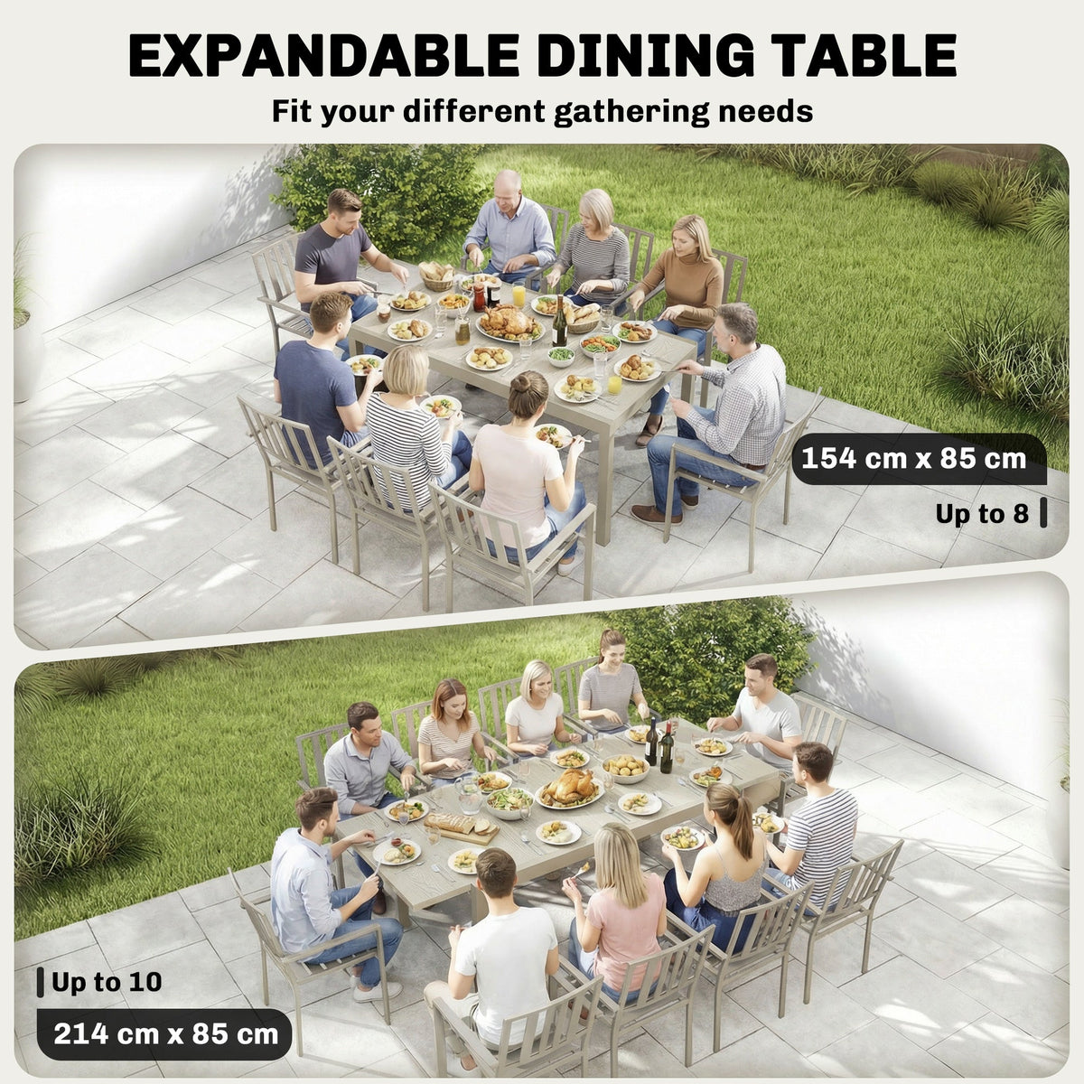 The extending dining table shown set for 8 and 10 people outdoors