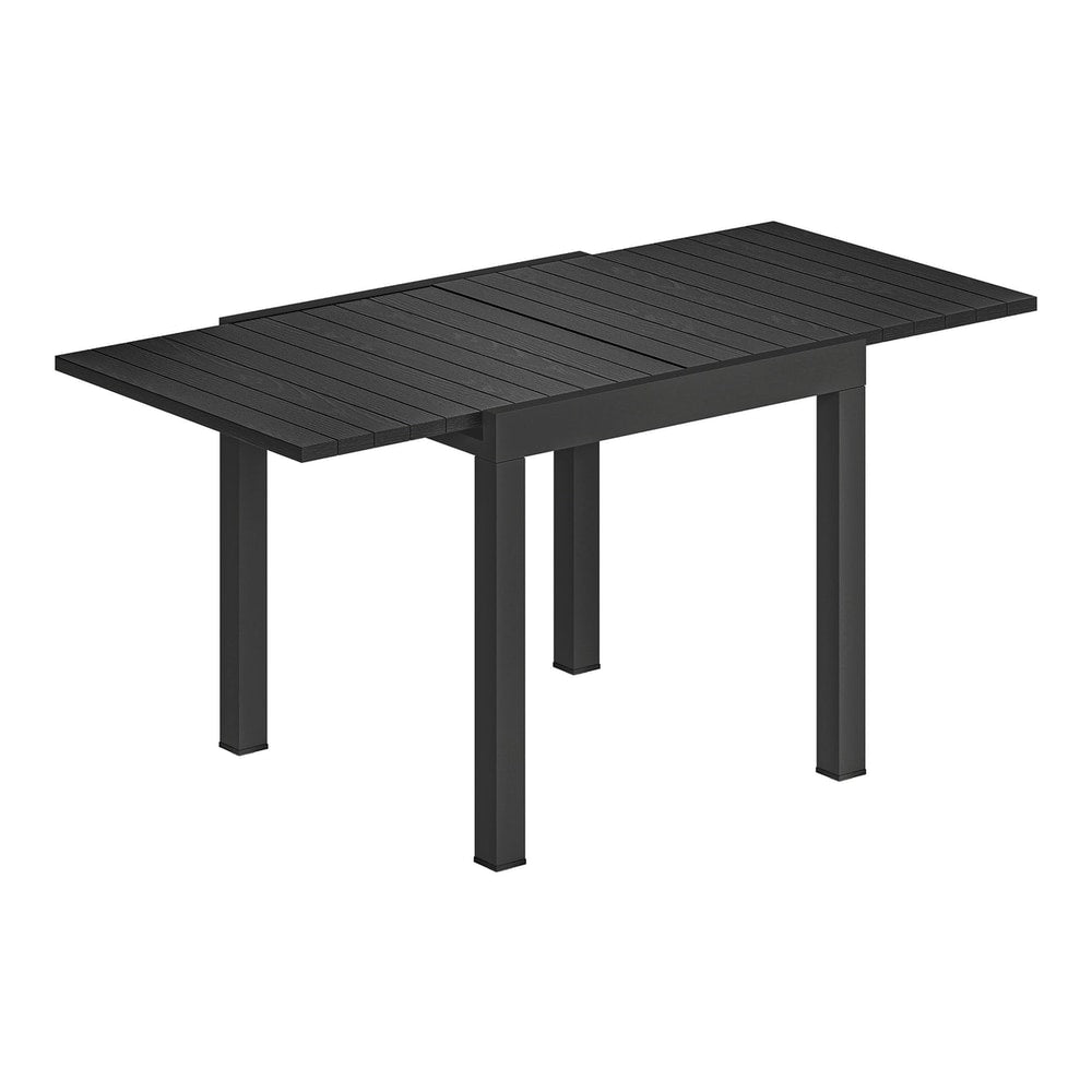 Outsunny Extending Garden Table for 4-6, a black aluminium table with a faux wood slatted top