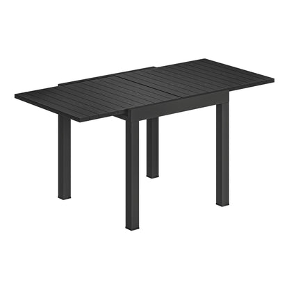 Outsunny Extending Garden Table for 4-6, a black aluminium table with a faux wood slatted top