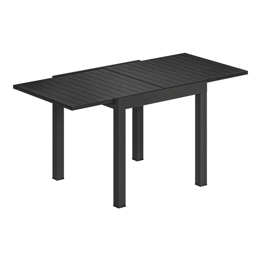 Outsunny Extending Garden Table for 4-6, a black aluminium table with a faux wood slatted top