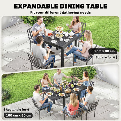 An extending garden table shown in two configurations, seating four or six people