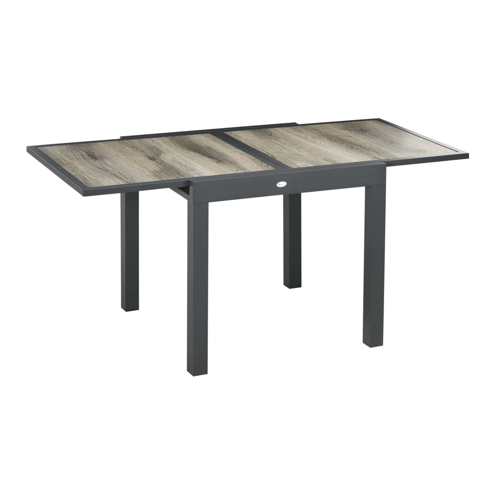 Outsunny Extending Garden Table, a rectangular table with a grey frame and a wood-effect tabletop