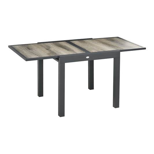 Outsunny Extending Garden Table, a rectangular table with a grey frame and a wood-effect tabletop