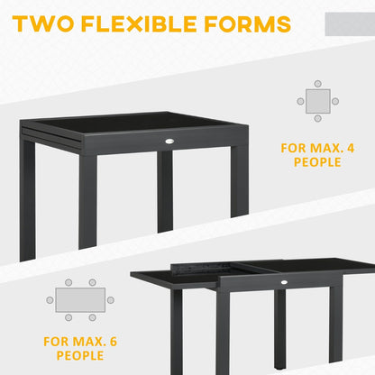 The garden table illustrated in two configurations to show seating capacity for guests