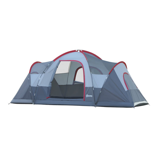 Outsunny Fibreglass & Steel Frame 5/6 Person Lightweight Camping Tent Blue, a spacious blue and grey tent with red trim