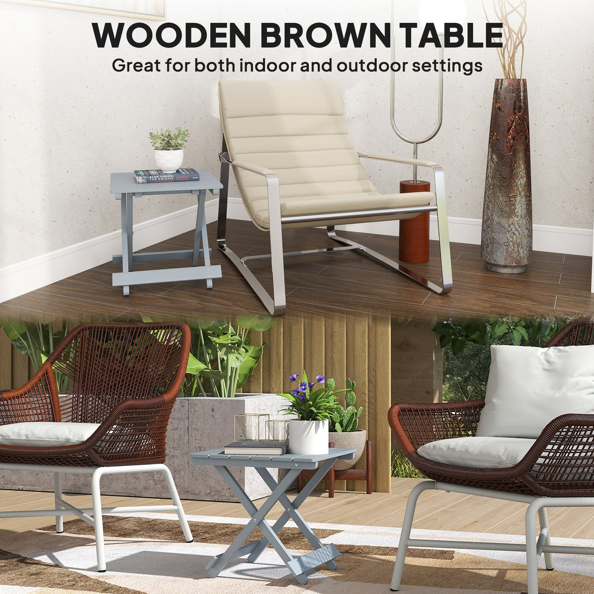 A collage showing the garden table in different settings and colours