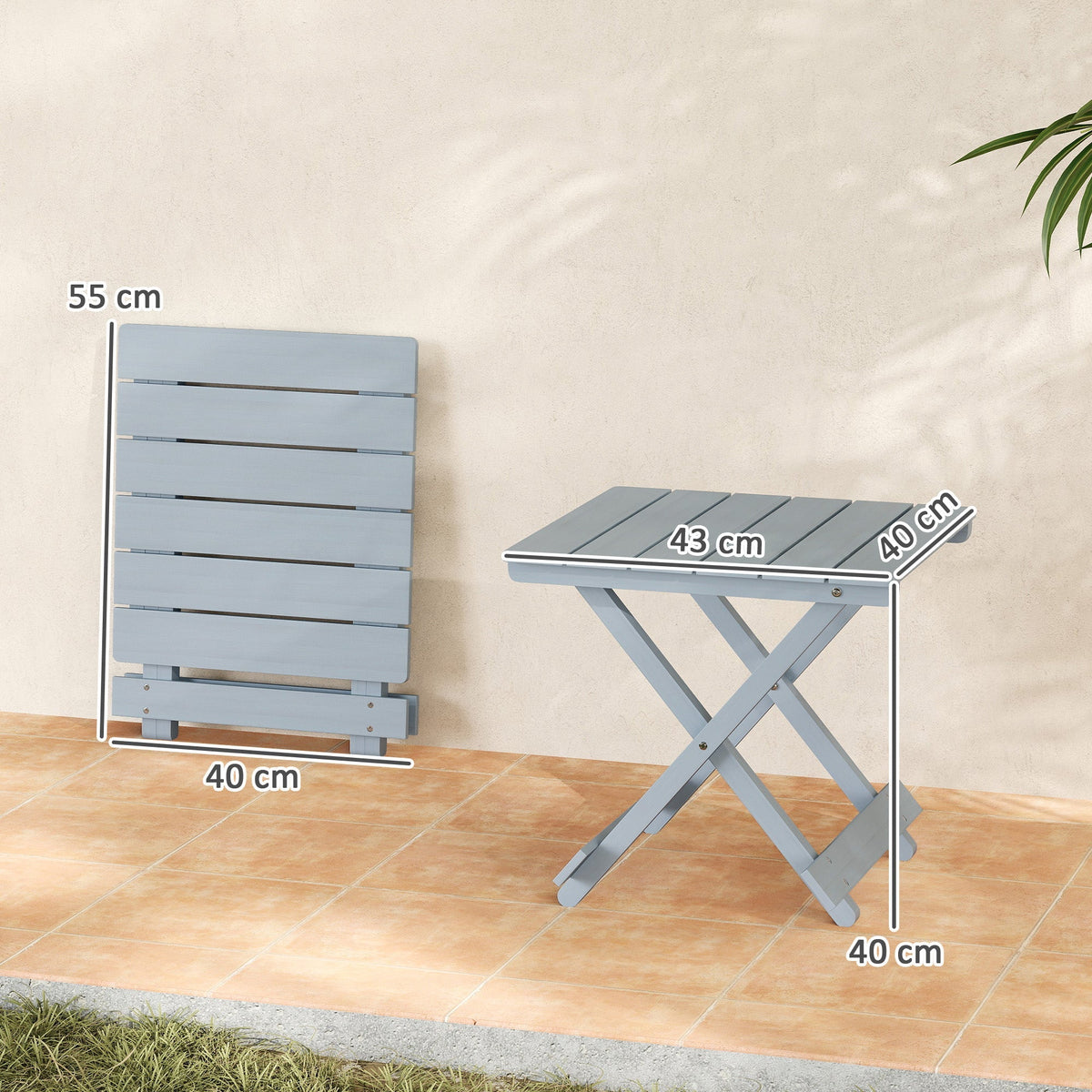 The garden table is shown folded and unfolded with dimensions marked