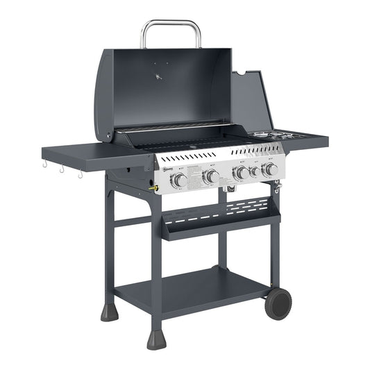 Outsunny Five-Burner Steel Gas Grill, a black five-burner gas BBQ with the lid open and side shelves extended