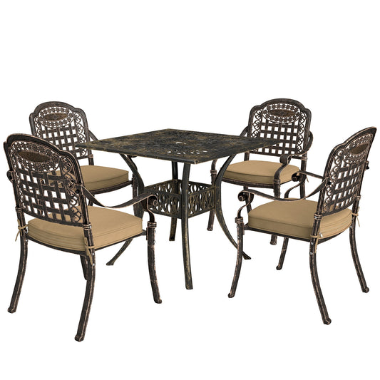 Outsunny Five-Piece Cast Aluminium Garden Dining Set with four chairs and a square table
