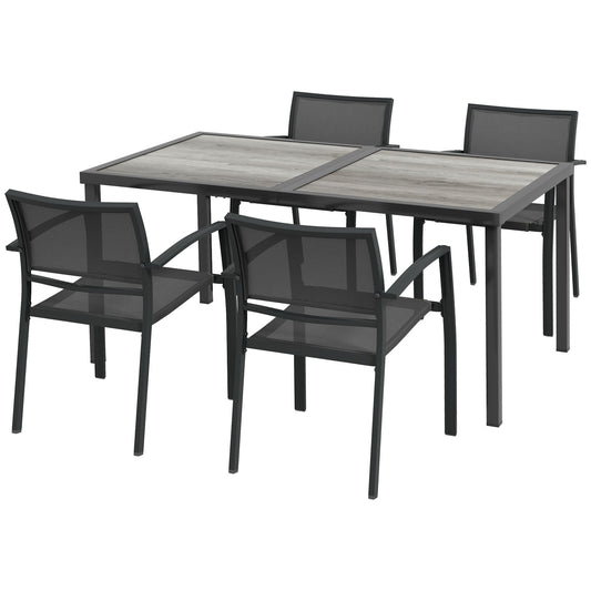 Outsunny Five-Piece Casual Outdoor Dining Set with four grey chairs and a wood-effect table