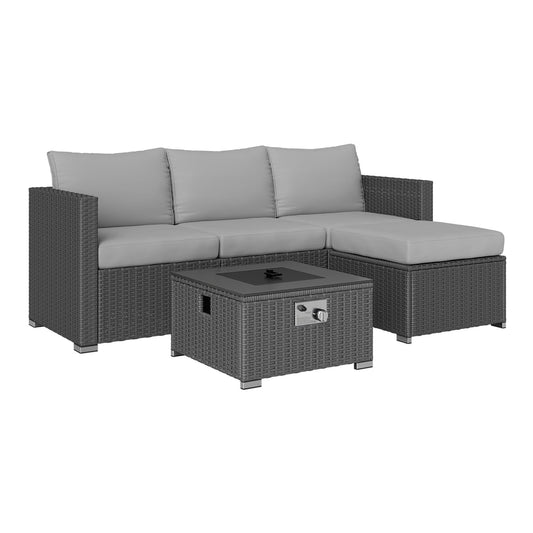 Outsunny Five Piece Rattan Garden Furniture Set with grey cushions and a fire pit table