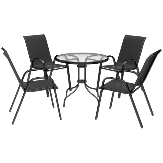 Outsunny Five-Piece Steel Patio Set with four black chairs and a round glass-top table