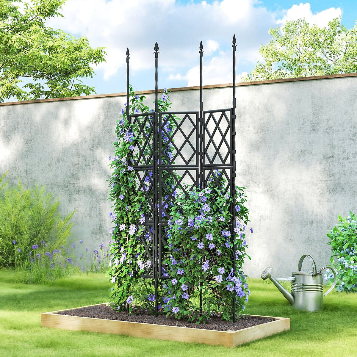 The black metal lattice climbing support is shown in a garden setting, covered in climbing plants