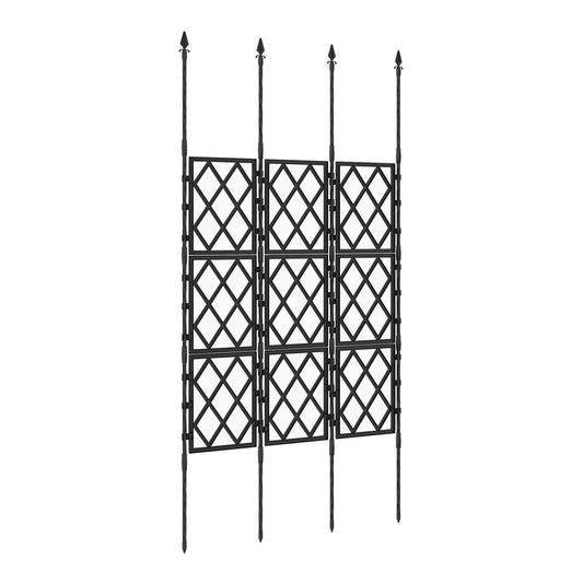 Outsunny Foldable Garden Trellis, a black metal lattice climbing support with three panels and pointed finials