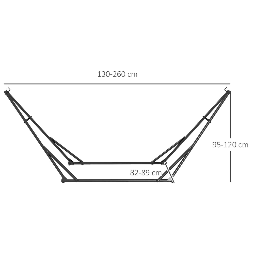 A size diagram showing the dimensions of the black metal hammock stand