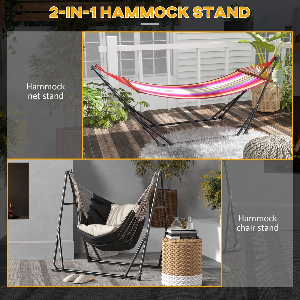 This foldable hammock stand is shown set up as a hammock net stand and as a hammock chair stand