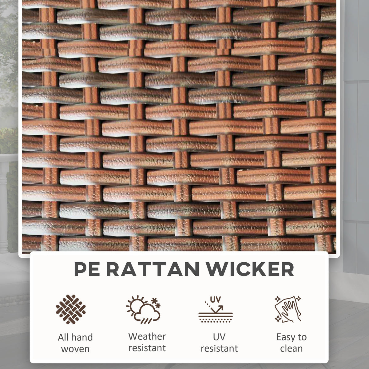 The rattan coffee table surface showing the woven texture with icons for product features