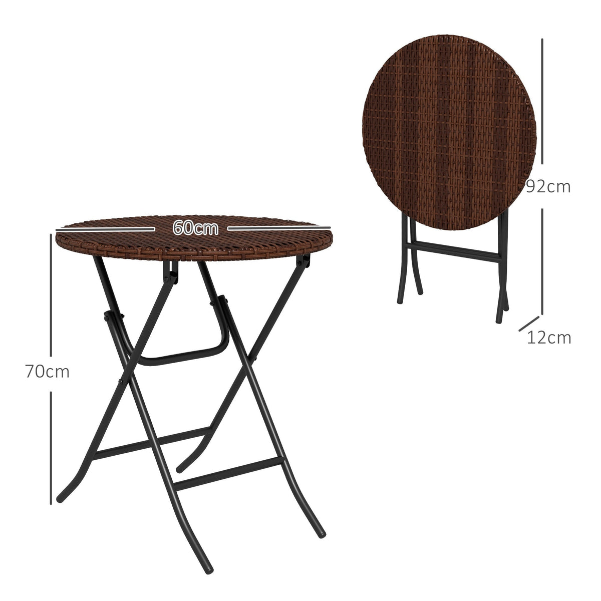 The rattan coffee table shown in both open and folded positions with dimension lines