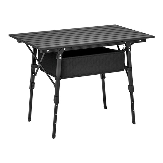 Outsunny Folding Camping Table with a black storage basket underneath and adjustable legs