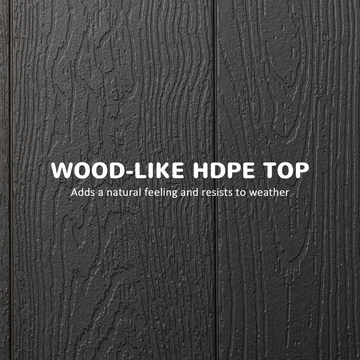 Close-up of the wood-like HDPE tabletop texture on the outdoor dining table