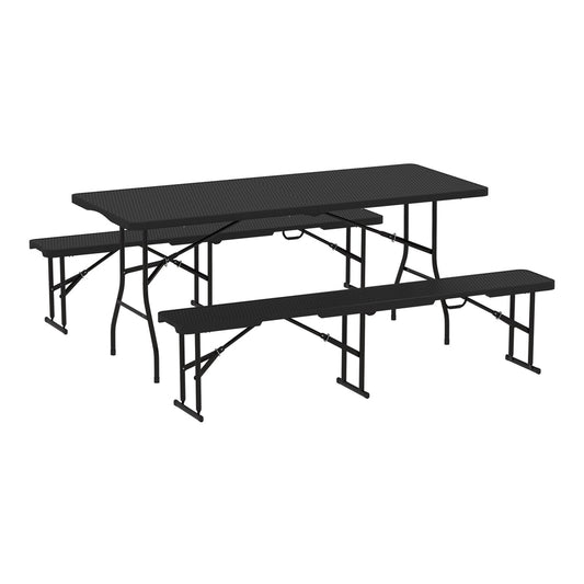 Outsunny Folding Picnic Table and Bench Set, a black rattan effect table with two benches set up outdoors