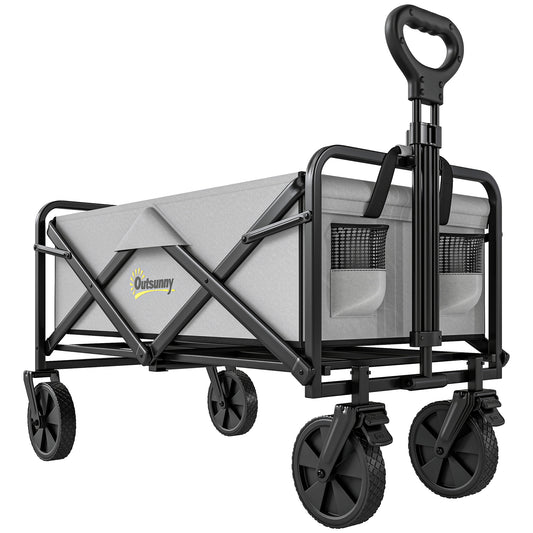 Outsunny Folding Pull Along Cart Cargo Wagon Trolley in Dark Grey
