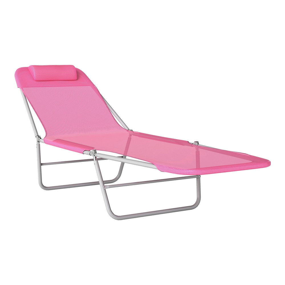 Outsunny Folding Sun Lounger with Head Pillow in Pink
