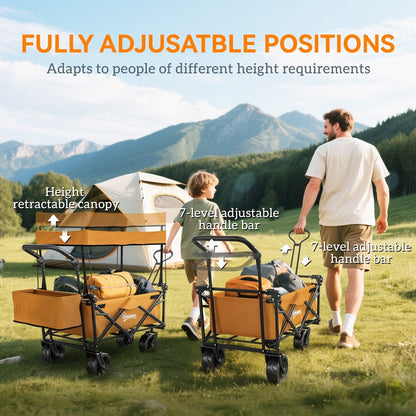Two folding garden trolley carts with canopies showing adjustable handles and different heights