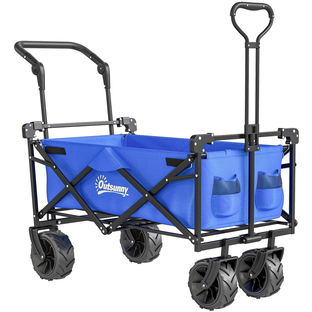 Outsunny Folding Trolley Cart in blue, a four-wheeled wagon with a handle and canopy