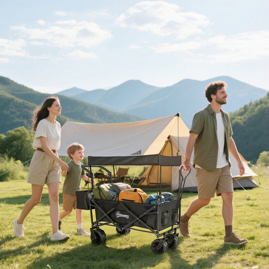 The garden trolley being pulled by a family on a camping trip with a canopy attached