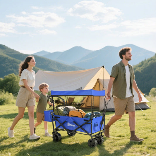 A family pulling the blue folding trolley cart with storage for camping gear