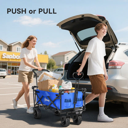 Two people loading the blue folding trolley cart with groceries next to a car
