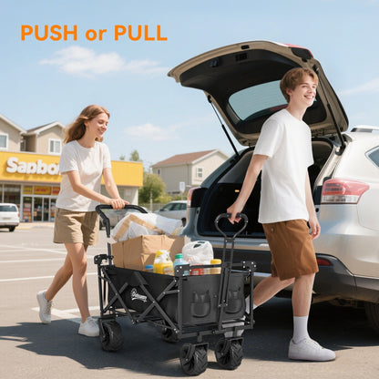 The garden trolley being pushed by a couple to load groceries into their car