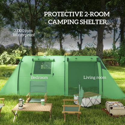 The tunnel tent with labels highlighting the bedroom and living room sections