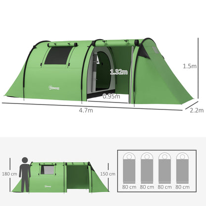 The tunnel tent showing external dimensions and internal sleeping area layout