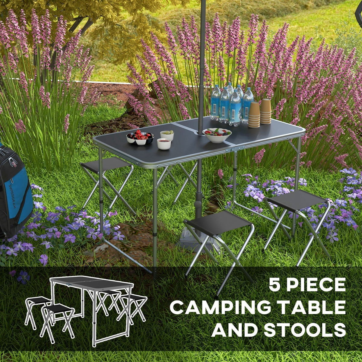 The aluminium picnic table and four stools are folded together for storage