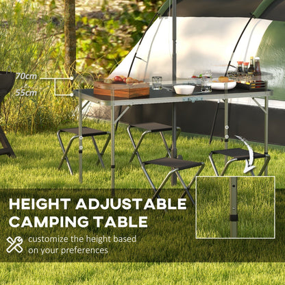 The aluminium picnic table is shown with two height options indicated