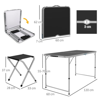 Foldable aluminium picnic set with dimensions shown for the table and stools