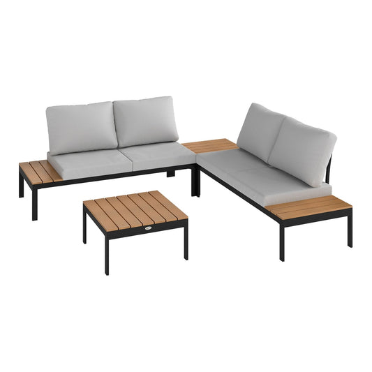 Outsunny Four-Piece Garden Corner Sofa Set with two loveseats and two coffee tables in a neutral setting