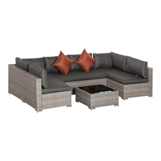 Outsunny Four-Piece Half-Square Rattan Sofa Set with grey cushions and two orange scatter pillows