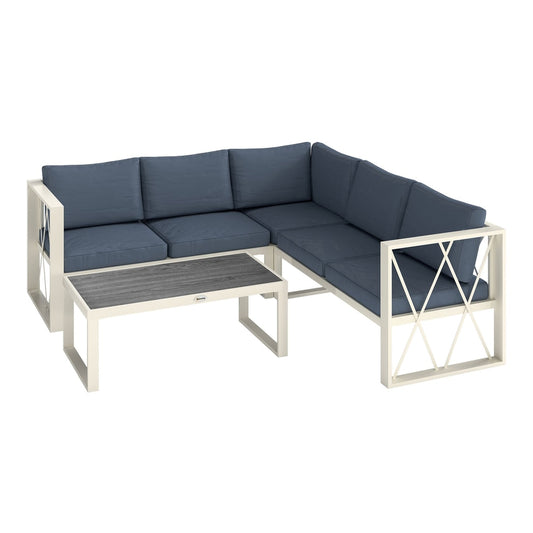 Outsunny Four-Piece L Shaped Garden Furniture Set in grey with a white frame and blue cushions, including a coffee table