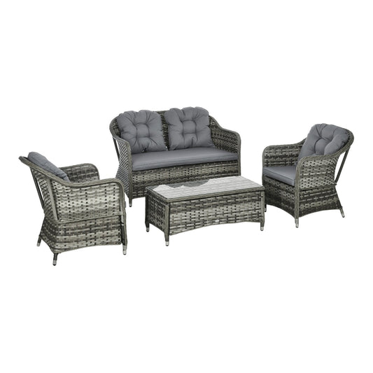 Outsunny Four-Piece Rattan Sofa Set with grey cushions and a glass-top coffee table on white background
