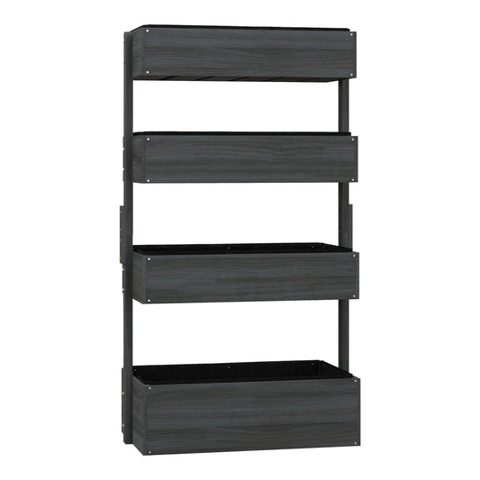 Outsunny Four-Tier Basket Wooden Plant Stand in grey wood effect, a tall vertical planter with four stacked rectangular boxes